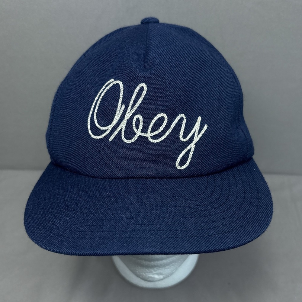 Obey Script Embroidered Logo Hat Strapback One Size Wool Blend Blue